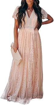 Women Deep V Neck Short Sleeve Floral Lace Bridesmaid Maxi Dress Cocktail Party Evening Gown | Amazon (US)