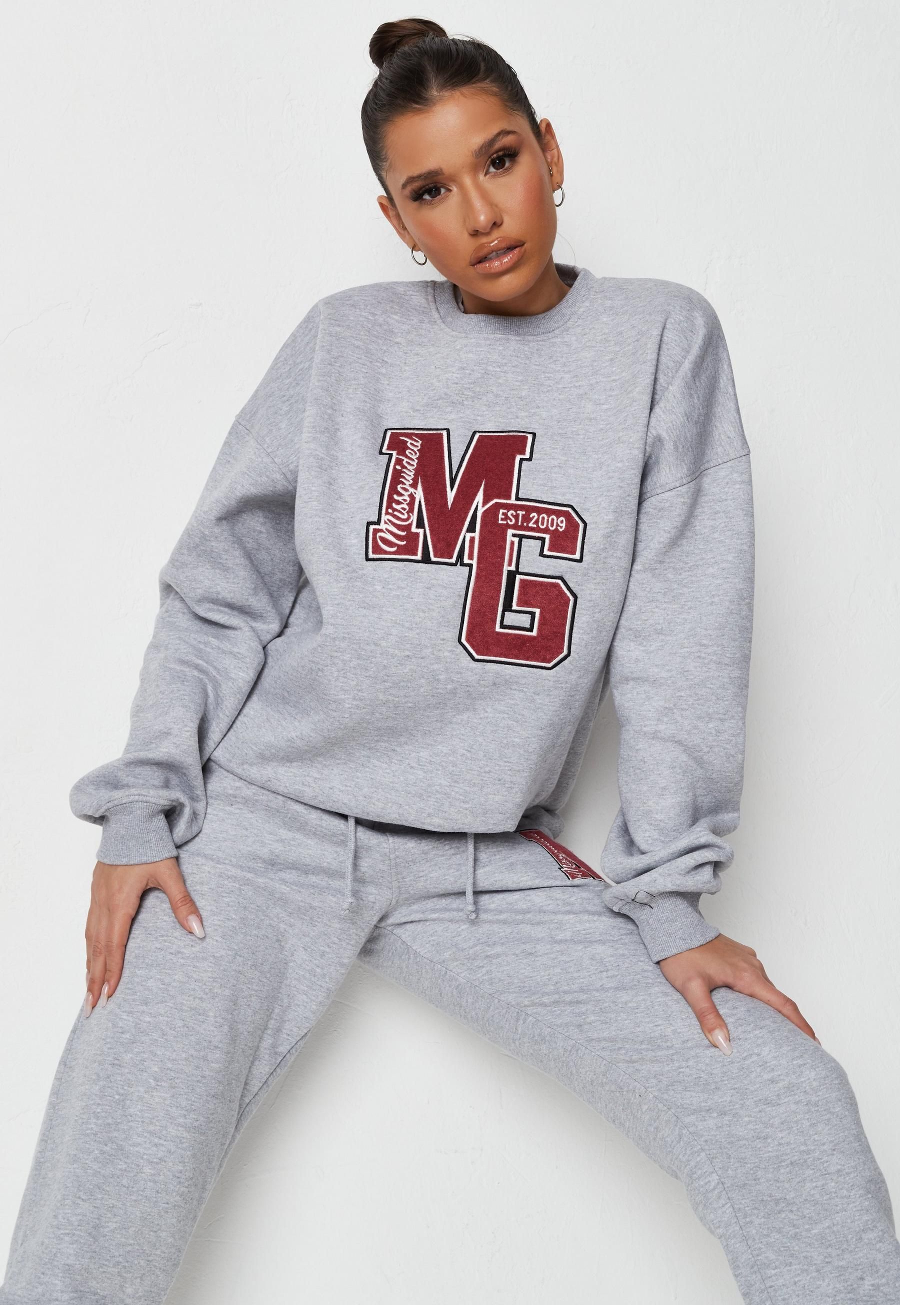 Missguided - Gray Co Ord MG Badge Embroidered Sweatshirt | Missguided (US & CA)