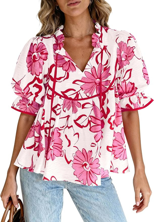 PRETTYGARDEN Womens Summer Tops 2026 Cute Puff Sleeve Ruffle V Neck Babydoll T-Shirts Boho Floral... | Amazon (US)