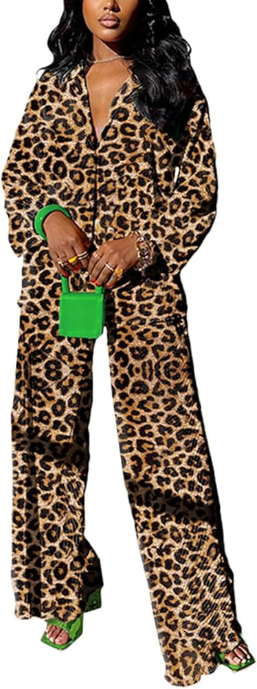 kaimimei Casual 2 Piece Outfit for Women - Linen Long Sleeve Button Down Shirt + Flare Pleated Wi... | Amazon (US)