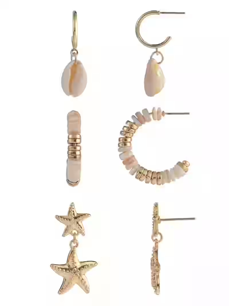 Time and Tru Adult Female Gold-Tone Starfish, Shell, and Beaded Multi Earring Set - 3 Pairs | Walmart (US)