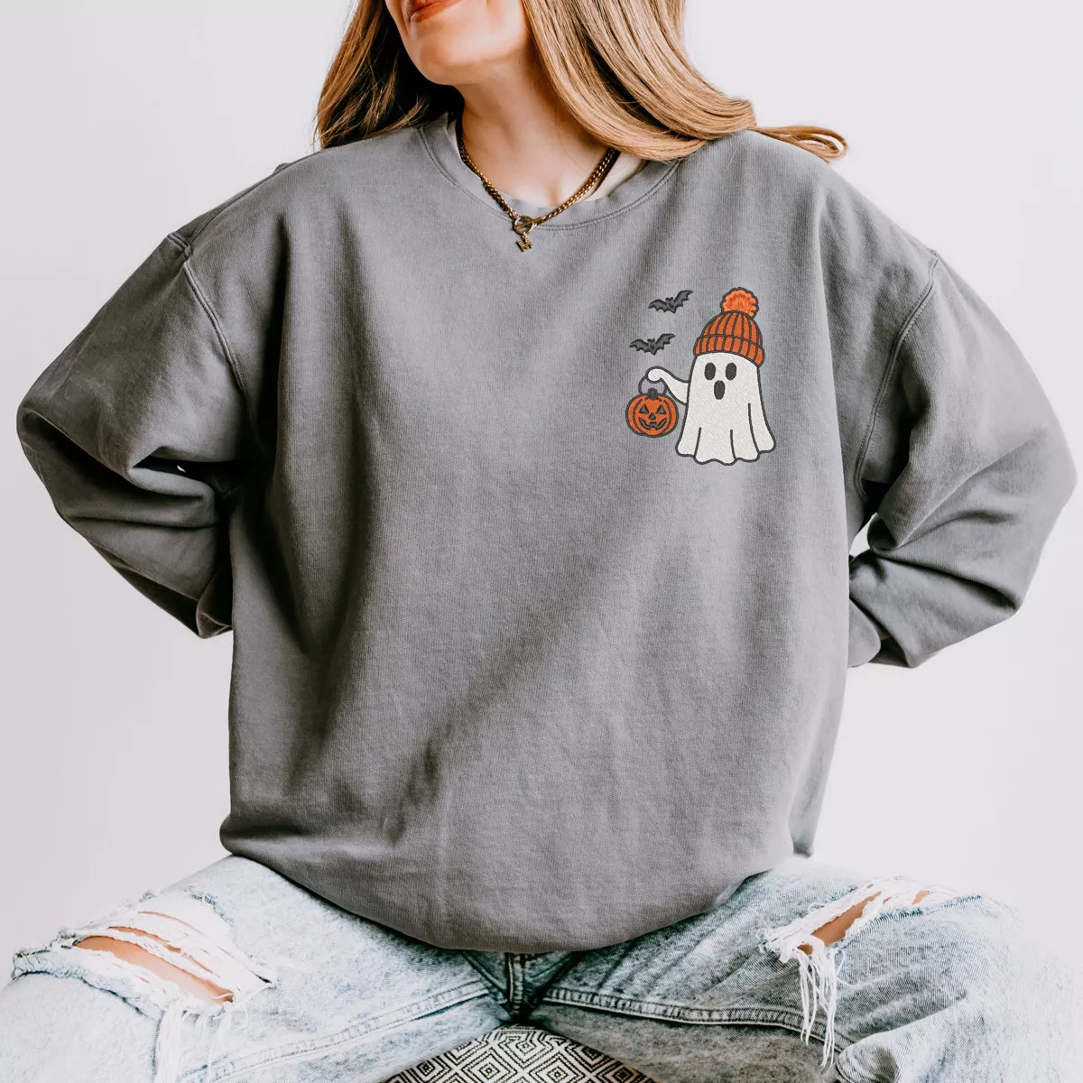 Embroidered Beanie Ghost - Womens Lightweight Garment Dyed Sweatshirt | Target