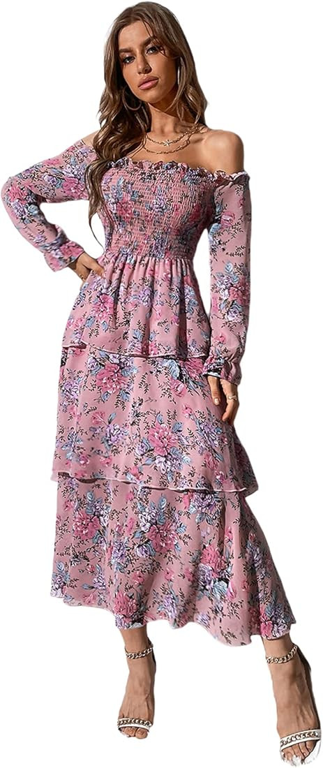 Floerns Women's Off Shoulder Long Sleeve Shirred Floral Print A Line Long Dress | Amazon (US)