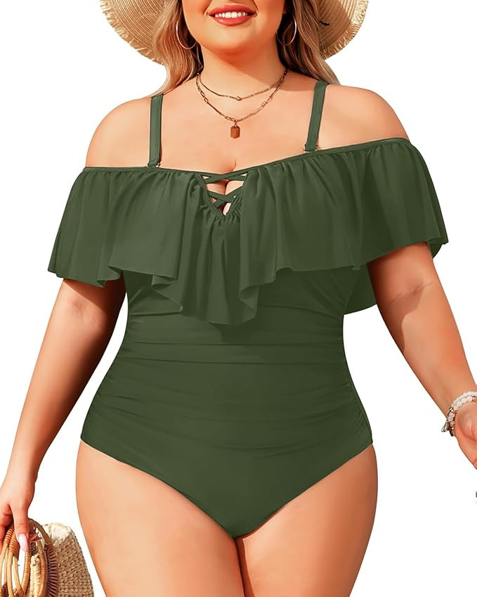 Daci Women Plus Size One Piece Swimsuits Tummy Control Ruffle Off Shoulder Bathing Suits | Amazon (US)