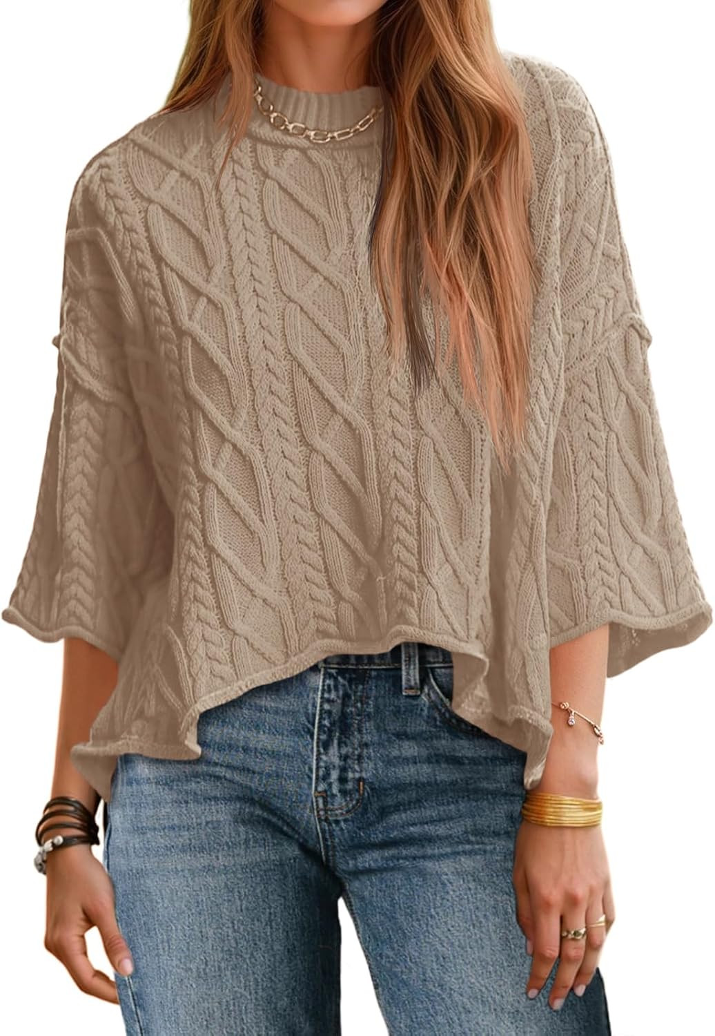 Saodimallsu Womens Cable Knit Cropped Sweaters Oversize 3/4 Sleeve Pullover | Amazon (US)
