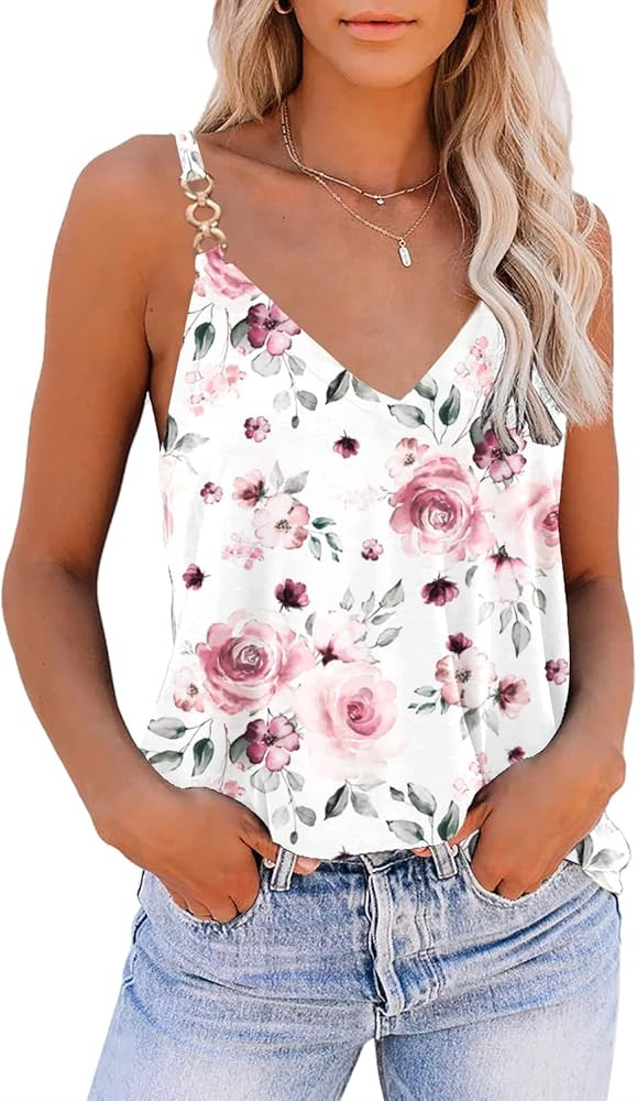 SAUKOLE Summer Tank Tops for Women V Neck Womens Fashion Sleeveless Top Loose Fit Casual Stripe S... | Amazon (US)