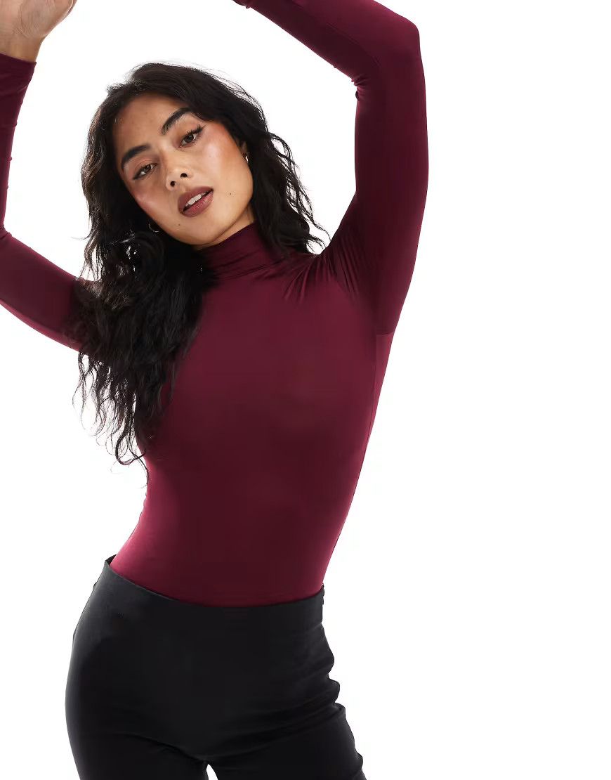 Bershka high neck long sleeve bodysuit in burgundy-Red | ASOS (Global)