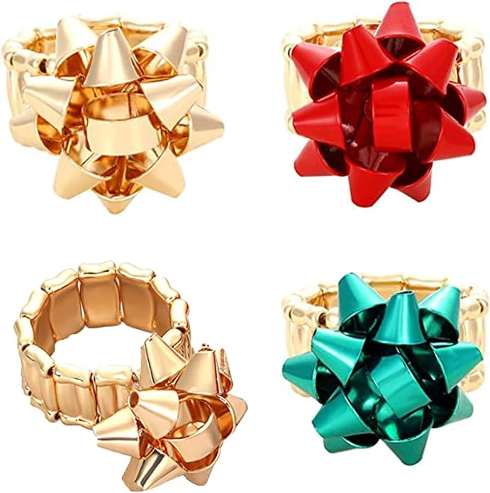 Isaloe 3 Pieces Christmas Rings for Women Present Bow Shape Flower Rings Adjustable Stretch Bands... | Amazon (US)