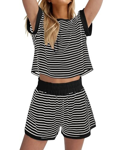 MISSACTIVER 2 Piece Lounge Set Women Stripe Knit Short Sleeve Tee Shirts Shorts Casual Summer Loungewear Shorts Sets | Amazon (US)