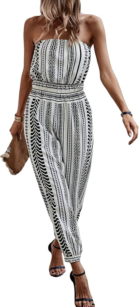 OYOANGLE Women's Boho Geo Print Sleeveless Strapless Long Pants Romper Tube Jumpsuit | Amazon (US)