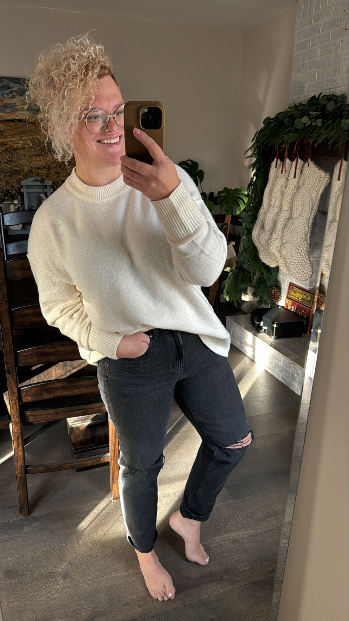 The most loved AE Strigid Mom Jean but in black distressed 😍. LOVING how these fit! Very littles stretch in these ones but they give you so much structure and support in the midsection! I’m 5’3, wearing an 8 Short. 

And of course this Aerie super soft sweater! Remember this one is VERY OVERSIZED. I’m wearing a small, but if you’re going for that super oversized look, order your normal size  

#LTKbeauty #LTKstyletip #LTKmidsize