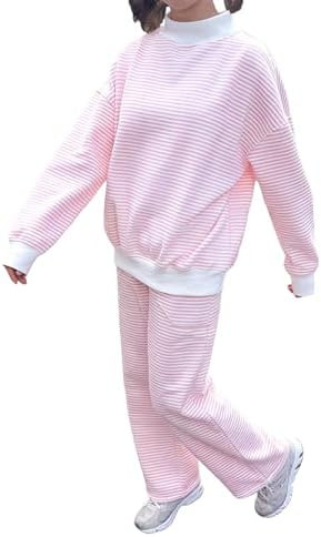 Women Striped Sweat Set Oversized Long Sleeve Mock Neck Sweatshirt Contrast Trim Wide Leg Pants L... | Amazon (US)