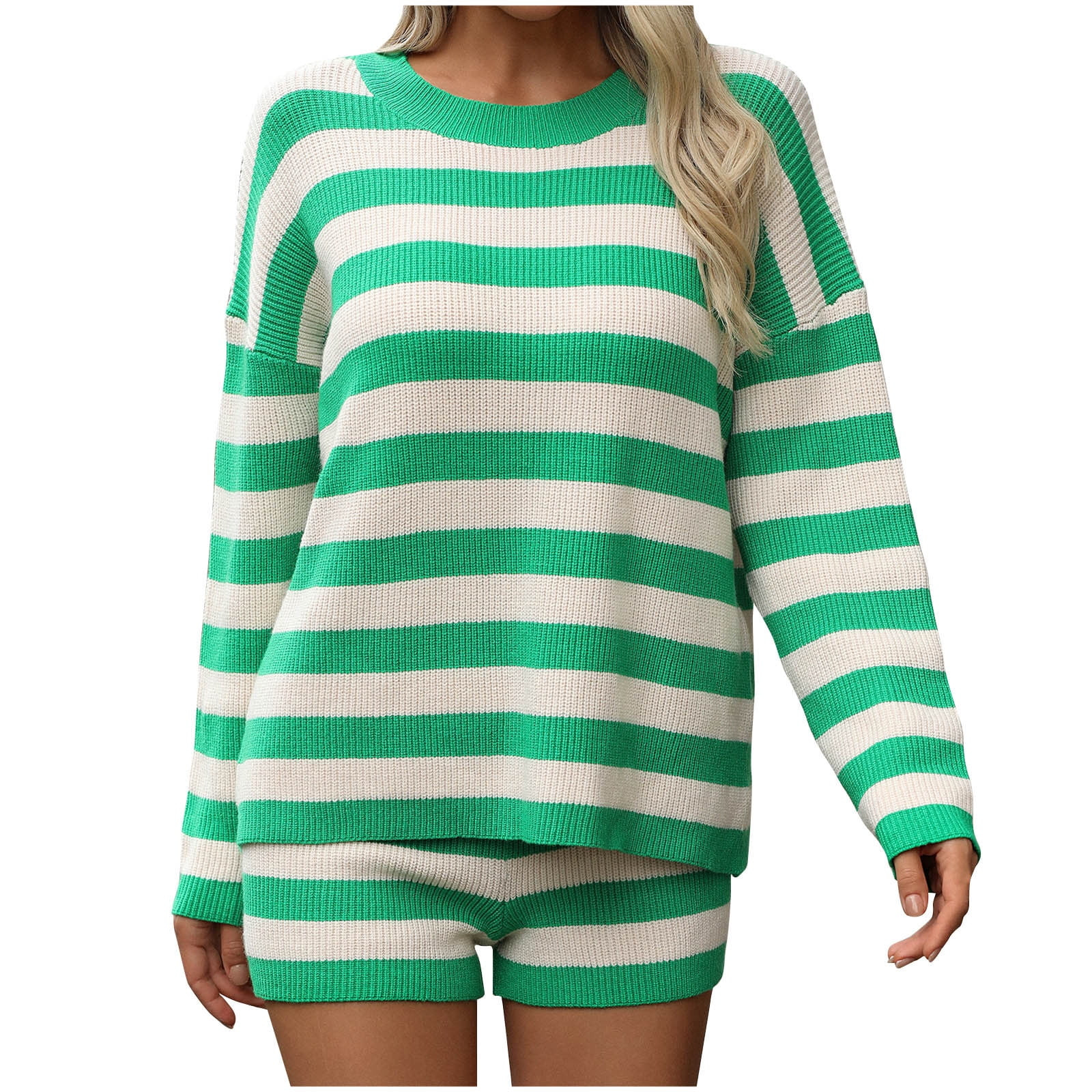 2 Piece Outfits Striped Sweater Shorts Sets Long Sleeve Crewneck Pullover and Shorts Womens Winte... | Walmart (US)