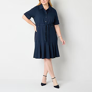 new!Liz Claiborne Womens Plus Belted Short Sleeve Midi Shirt Dress | JCPenney