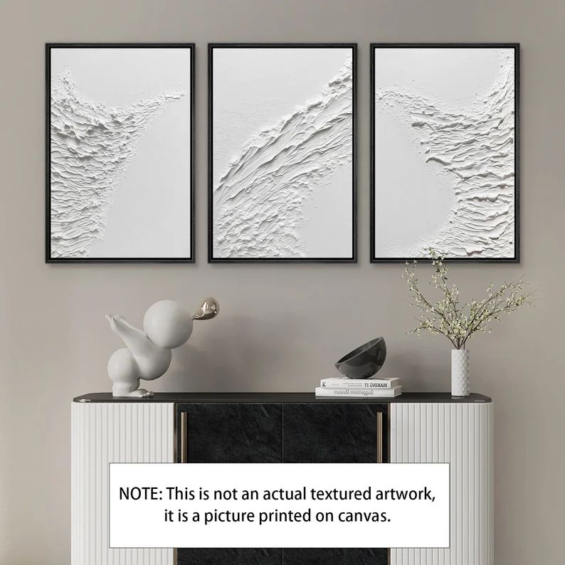 Framed Canvas Wall Art Set of 3 White Textured Effect Abstract - Etsy | Etsy (US)