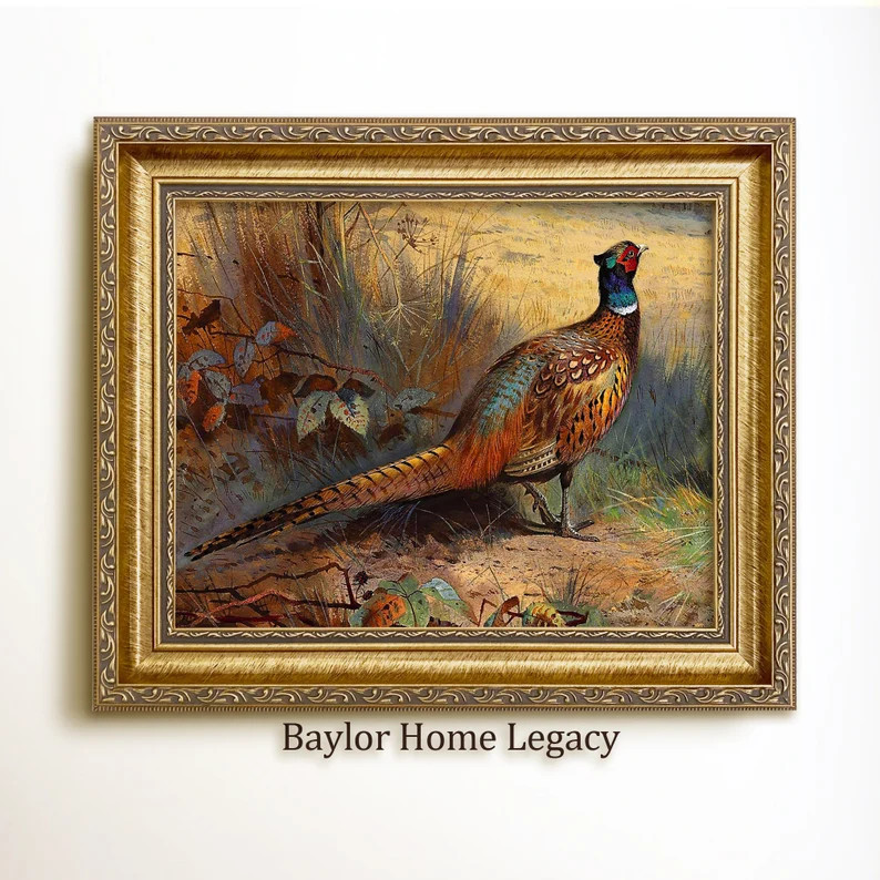Framed Ring-Neck Pheasants in Landscape, Ringneck Pheasant Painting Print on Canvas, Vintage Bird... | Etsy (US)