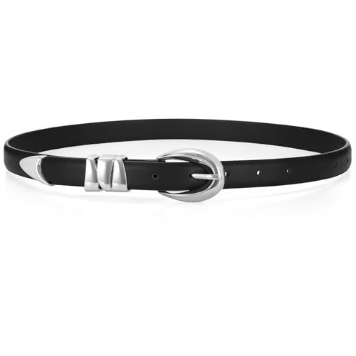 WHIPPY Women Skinny Leather Belt for Jeans Pants Dresses Ladies Fashion Waist Belt with Shiny Silver Buckle,Black,S | Amazon (US)