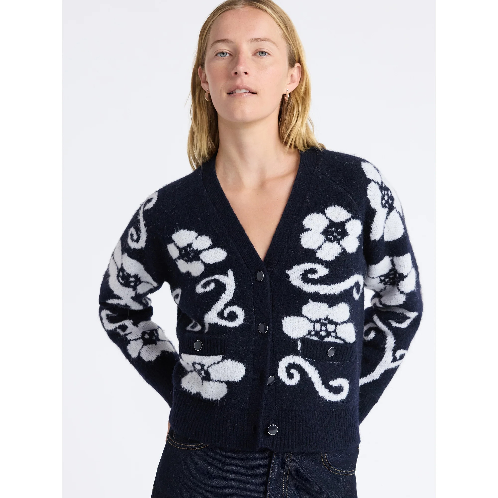 Free Assembly Women’s Floral Pattern V-Neck Cardigan Sweater, Midweight, Sizes XS-XXL | Walmart (US)