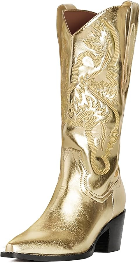Cowboy Boots for Women Cowgirl Boots Metallic Wide Calf Western Boot Pointed Toe Block Chunky Hee... | Amazon (US)