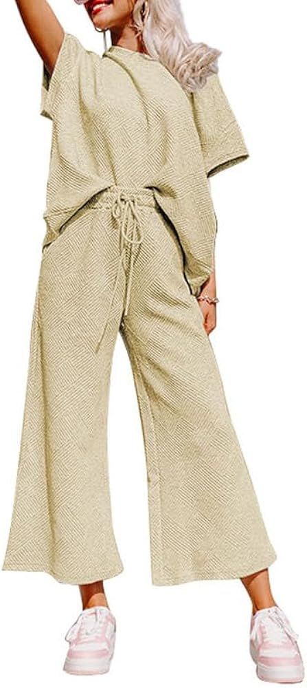 SHEWIN Women's 2 Piece Outfits Sweatsuit Casual Short Sleeve Pullover Tops and Drawstring Wide Le... | Amazon (US)