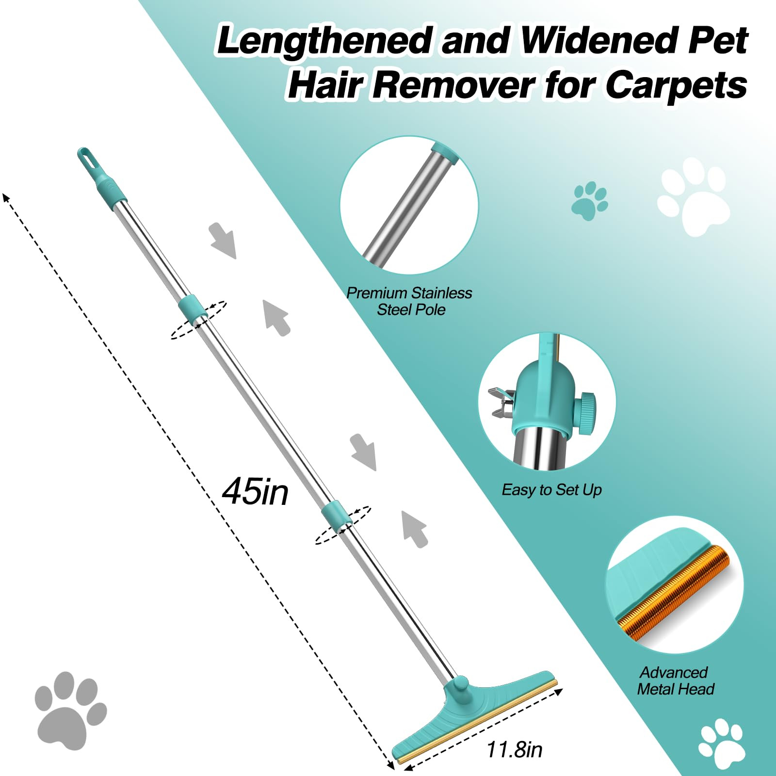 Carpet Rake for Pet Hair Removal, Reusable Cat Dog Hair Remover with 45’’ Long Handle Advance... | Amazon (US)