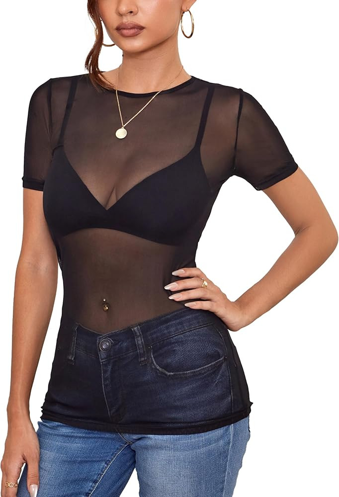 Women's Mesh Tops Short Sleeve Sheer Tee Shirts See Through Bodycon Clubwear Shirts | Amazon (US)