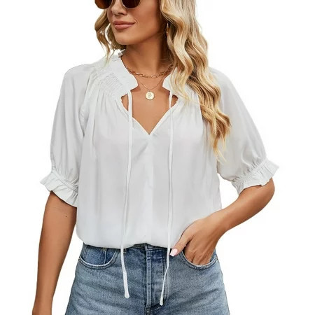 Defitshape Women s Short Sleeve Blouse Chiffon Puff Sleeve Top Ruffle Shirt Soft Loose Fit Summer Holiday Cute White Small | Walmart (US)