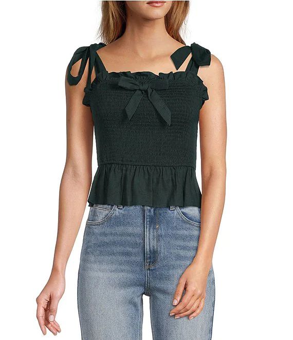 Sleeveless Square Neck Tie Strap Bow Front Ruffle Smocked Crop Top | Dillard's