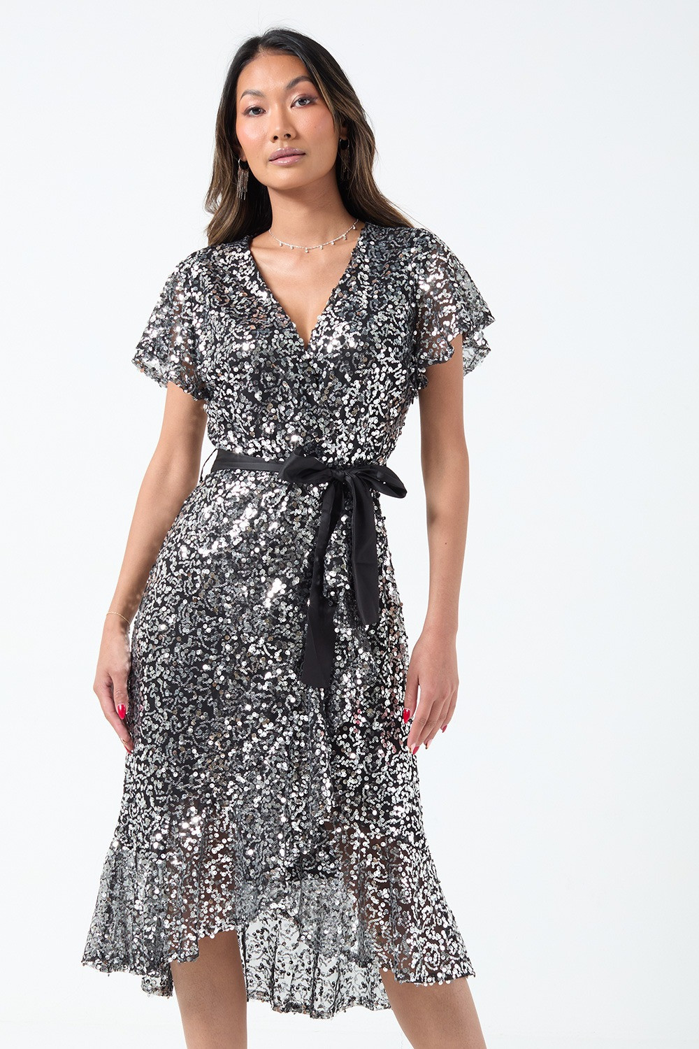 Jade Sequin Wrap Dress in Black | iCLOTHING