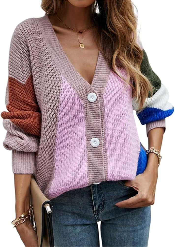 HOULENGS Women's V Neck Color Block Chunky Knit Cardigan Long Sleeve Button Down Open Front Sweat... | Amazon (US)