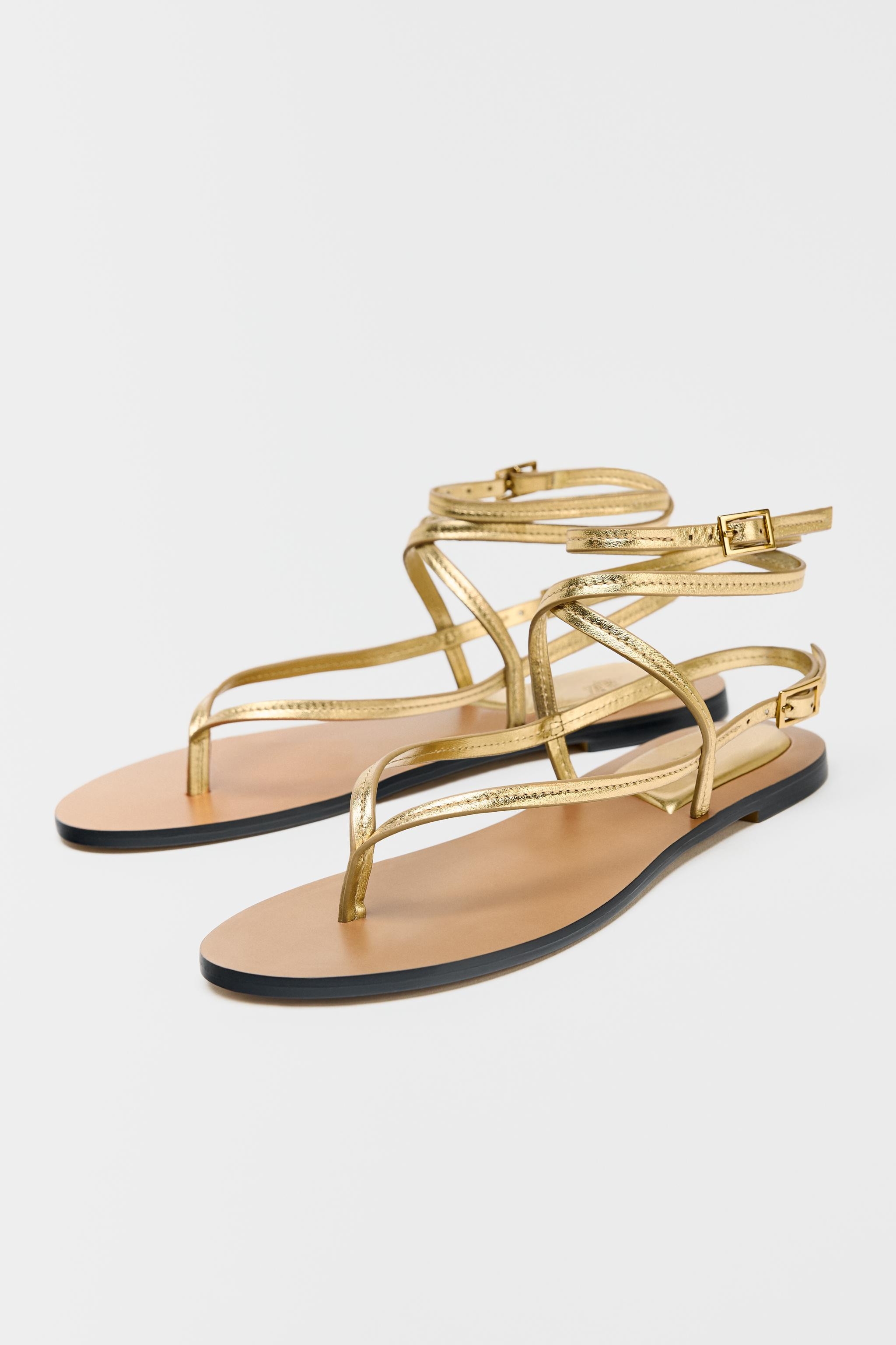 METALLIC EFFECT STRAPPY LEATHER SANDALS | Zara US