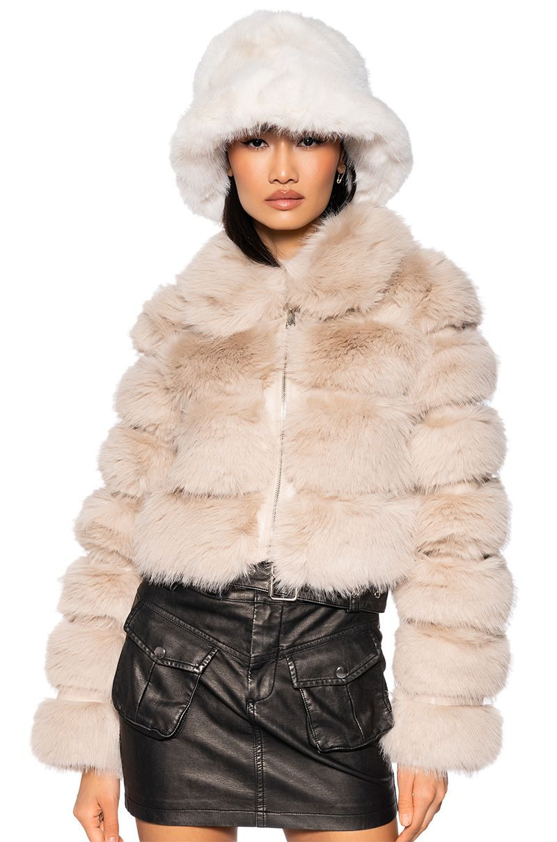 AZALEA WANG KOKO FAUX FUR ZIP UP JACKET IN BEIGE | AKIRA