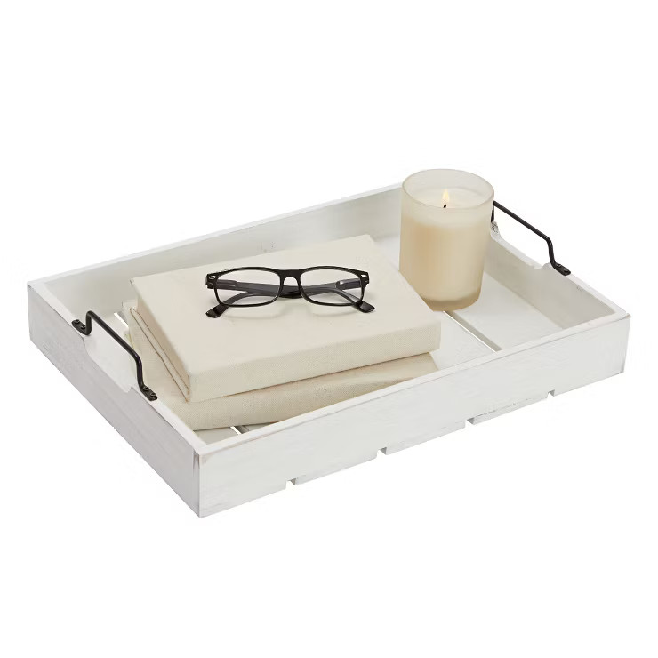 Rustic Wooden Serving Tray with Metal Handles for Coffee Table, Farmhouse Home Decor (White, 16.3... | Target