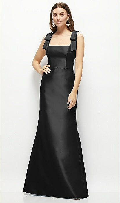 Satin Fit and Flare Maxi Dress with Shoulder Bows in Black | The Dessy Group