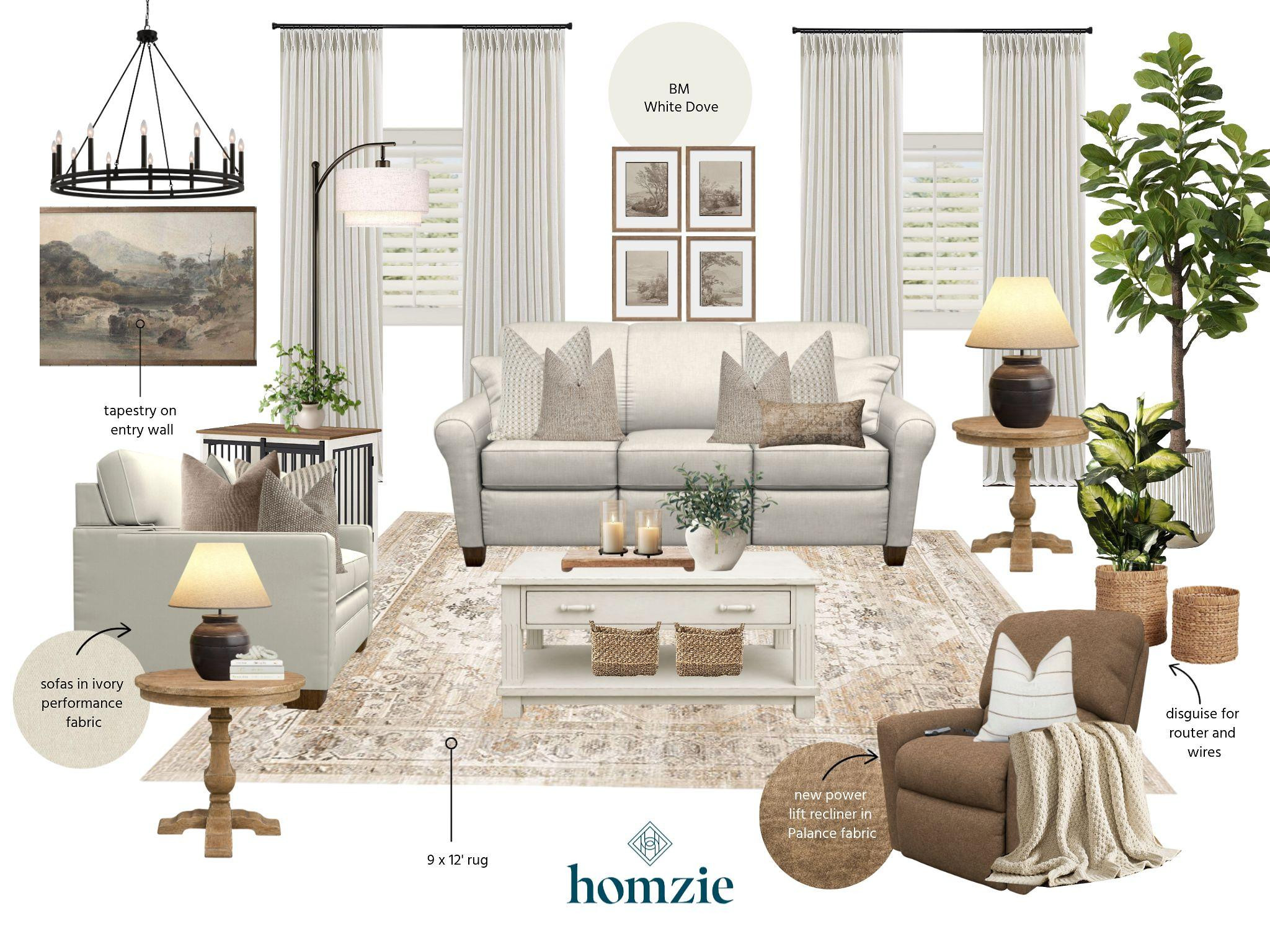 Soft neutral tones create a light, welcoming foundation, while layers of texture add warmth and personality. An oversized tapestry and a set of four gallery prints bring character to the walls, while ivory performance sofas offer everyday durability without sacrificing style. Natural wood end tables, woven baskets, and a thoughtfully designed dog crate blend function with beautiful design, and a 9x12 rug ties the entire palette together for a cohesive, inviting space.
#LTKHome #LivingRoomDesign #NeutralHome #InteriorDesign #HomeDecor #DogFriendlyHome #TimelessInteriors #LivingRoomInspo #LTKCreator 

 