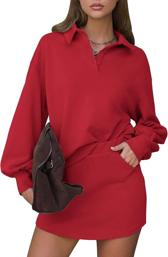 EXLURA Women 2 Piece Outfits Fall Airport Polo Sweatshirt Skirt Set Skort Workout Sweatsuits Matc... | Amazon (US)