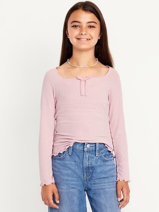 Fitted Long-Sleeve Lace-Tie Ribbed T-Shirt for Girls | Old Navy (US)