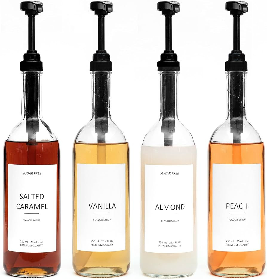 Demi's Home 25.4 oz 750 ml Glass Coffee Syrup Dispenser for Coffee Bar - 4 Pack - Comprehensive L... | Amazon (US)