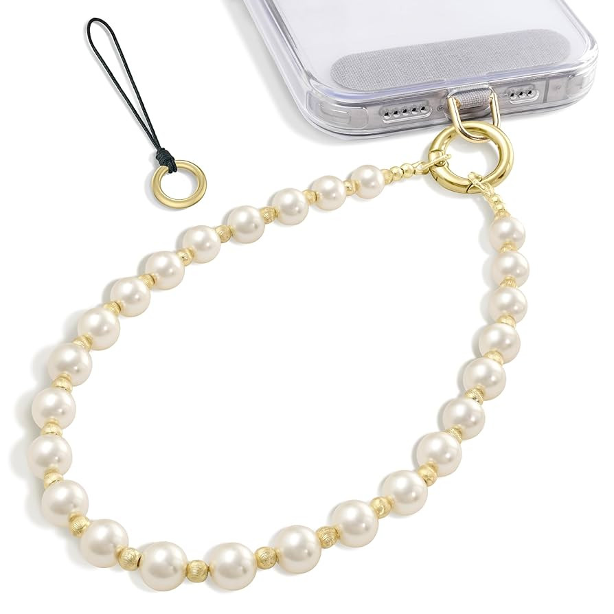 SURPHY Phone Charm, Gold Pearl Phone Charms with Tether Tab & Premium Metal Buckle, Cellphone Lan... | Amazon (US)