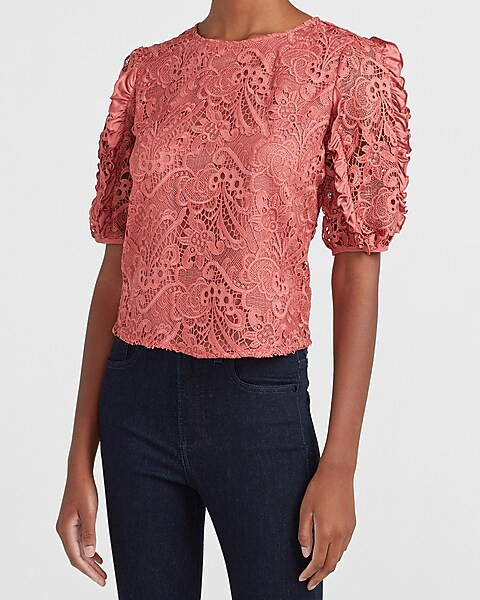 Lace Ruffle Puff Sleeve Top | Express