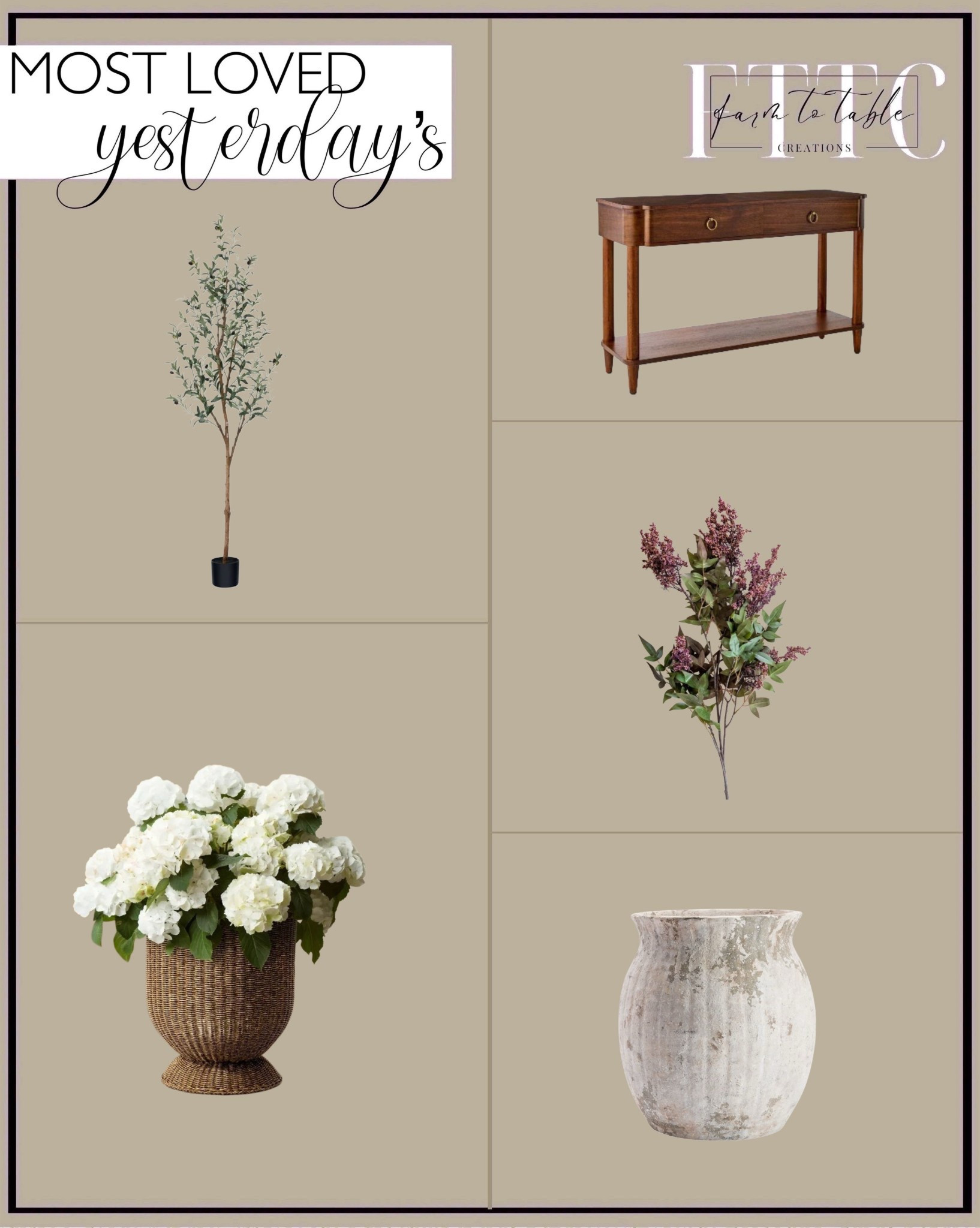 Yesterday’s Most Loved Home Decor Finds

Follow @farmtotablecreations on Instagram for daily home inspiration & links 🤍

These were the pieces you loved most yesterday — timeless staples that work in so many spaces. From warm wood furniture to realistic faux florals and neutral vessels, these are the kinds of finds that layer effortlessly with what you already own and instantly elevate a room. Each one is classic, versatile, and easy to style year-round, which is exactly why they’re always favorites.

#homedecor #console #entrywaydecor #neutralhome #fauxflorals #vases #livingroomfurniture #interiorfinds #homefavorites

#LTKFindsUnder50 #LTKHome #LTKSaleAlert