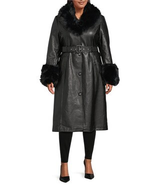 Azalea Wang Plus Size Kaya Faux Fur Leather Oversize Shawl Collar Belted Trench Coat | Dillard's | Dillard's