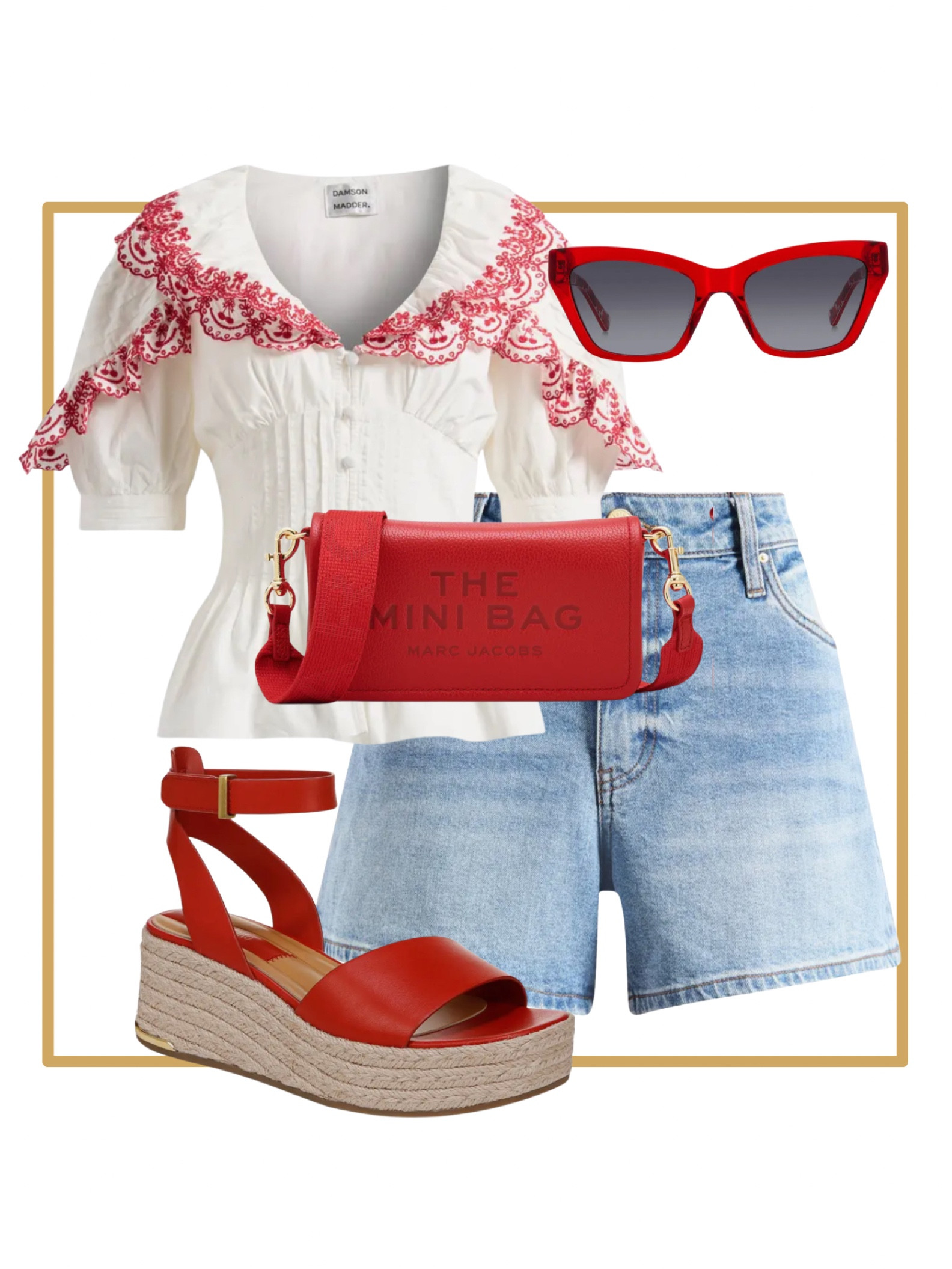 Casual everyday summer outfit. White blouse with red embroidery. Denim shorts. Red espadrilles sandals. Red sunglasses. Red mini marc jacobs bag purse

#LTKItBag #LTKFindsUnder100 #LTKShoeCrush