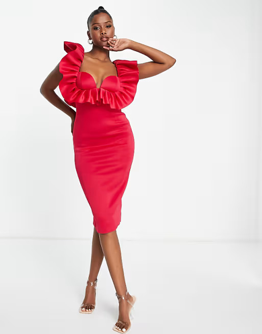 ASOS DESIGN ruffle cupped pencil midi dress in hot pink | ASOS | ASOS (Global)