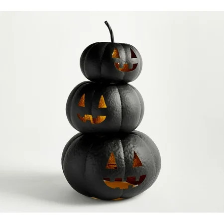 Lit Stacked Hammered Metal Jack-O'-Lantern Black - LED Halloween Decor with Rustic Finish, Indoor/Outdoor Lighted Pumpkin Stack, Perfect 2025 Gift Ideal | Walmart (US)