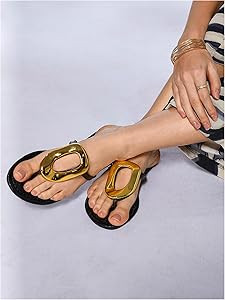 OYOANGLE Women's Metal Decor Flip Flop Thong Sandals Comfortable Slip on Flat Sandals | Amazon (US)