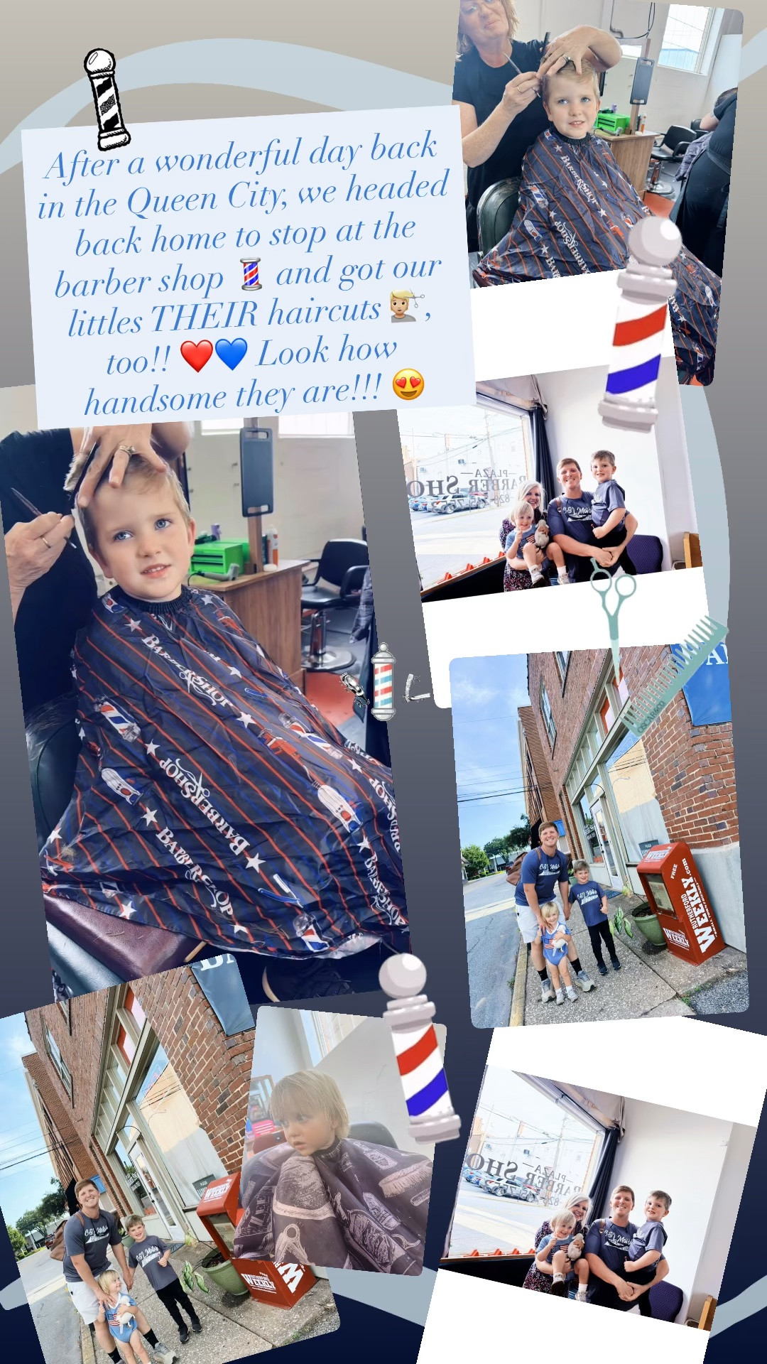 After a wonderful day back in the Queen City, we headed back home to stop at the barber shop 💈 and got our littles THEIR haircuts 💇🏼, too!! ❤️💙 Look how handsome they are!!! 😍