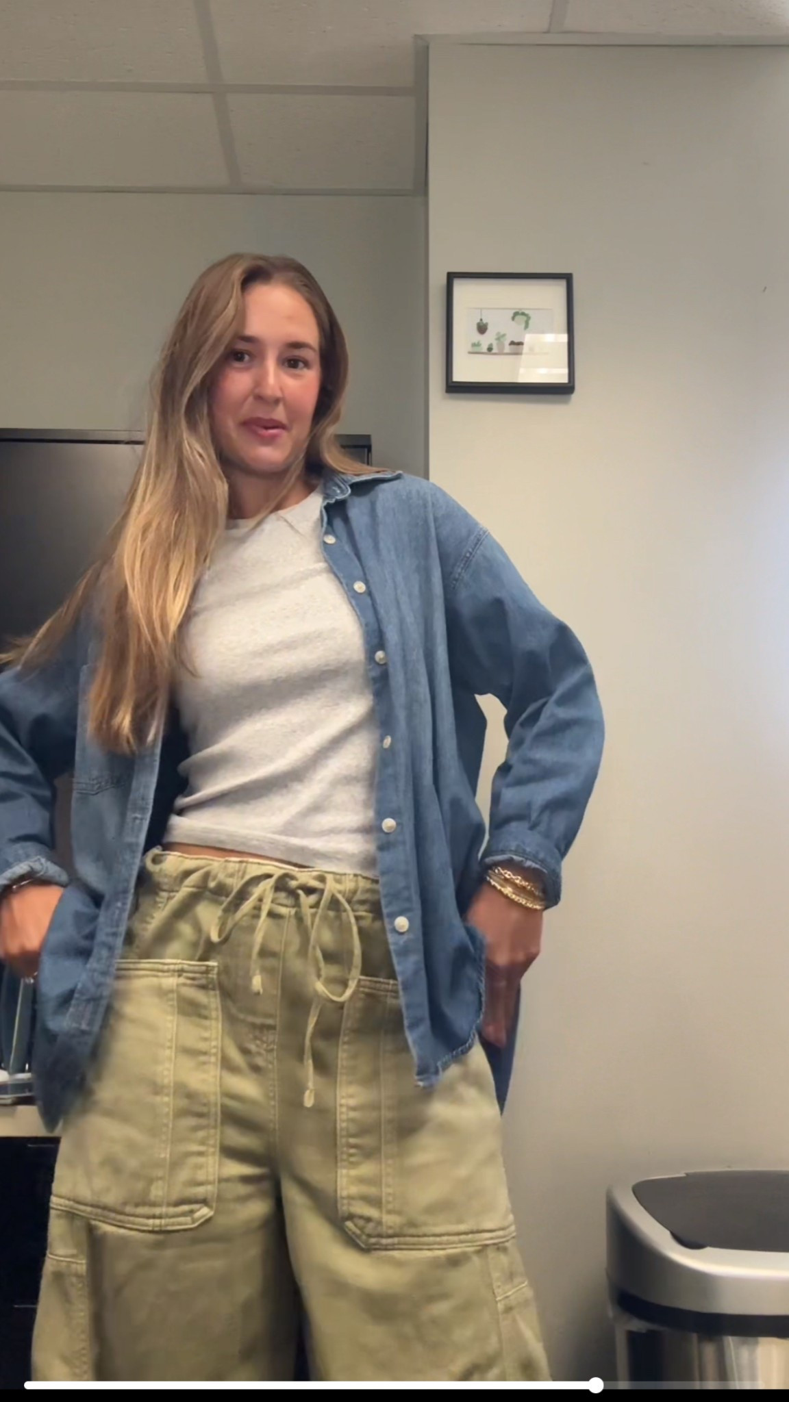 comfy work outfit!! i wear these pants A LOt in the fall I got a size small in the pants size small in the jean shirt n size M in the grey tshirt in the full length!!