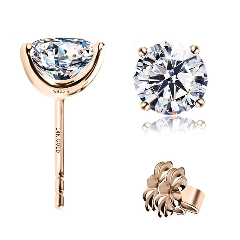 "STUNNING FLAME" Solid 14K Gold Post & Sterling Silver Round Cut Cubic-Zirconia Stud CZ Earrings ... | Amazon (US)