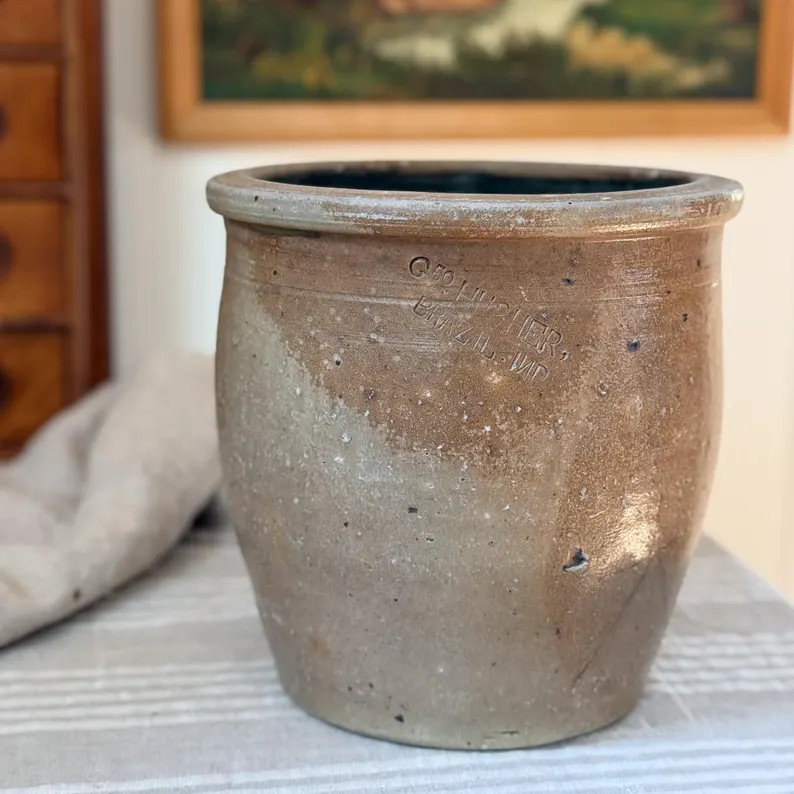Antique Salt Glazed Stoneware Canning Crock | Greige Stoneware Crock | Geo. Husher Brazil, IND Po... | Etsy (Global)